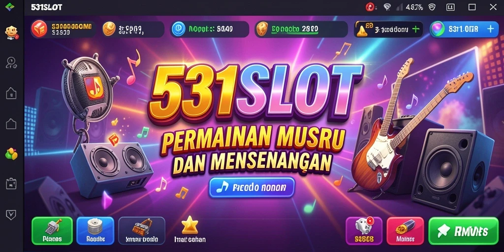 Tampilan gameplay <strong>531SLOT</strong> yang penuh warna dan suara musik yang menggembirakan.