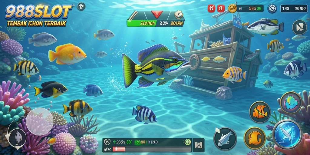 Screenshot gameplay 988SLOT menampilkan aksi seru menembak ikan.