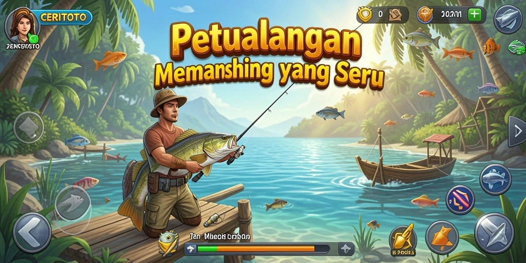 Screenshot utama CERITOTO menampilkan pengalaman gameplay memancing yang dramatis.