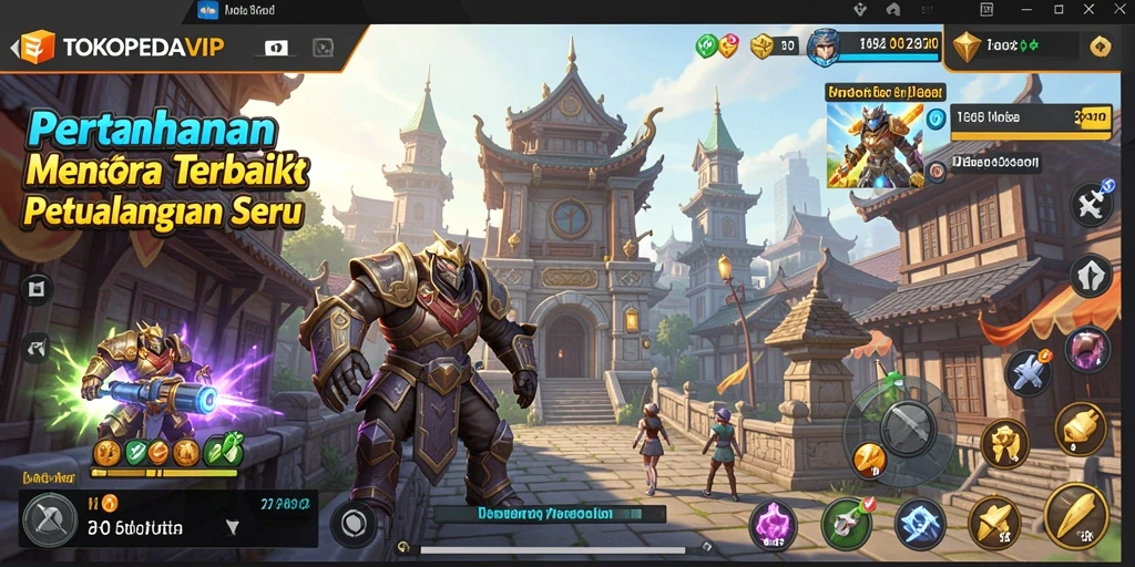 Screenshot utama gameplay TOKOPEDIAVIP menampilkan pertahanan menara yang epik.